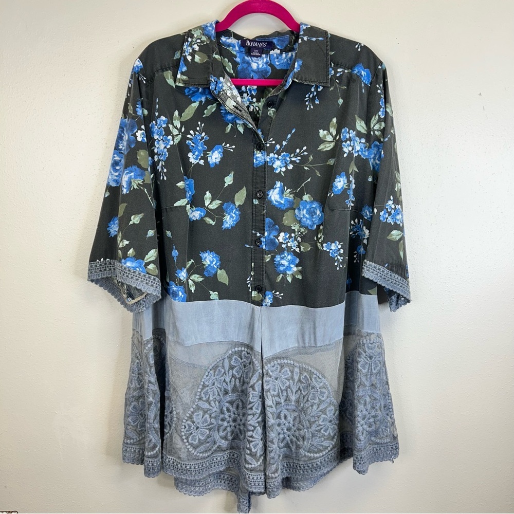 Floral Plus Size Upcycled Beth Dutton Tunic Blue Lace Plus Size 22W Western Boho - Picture 9 of 13